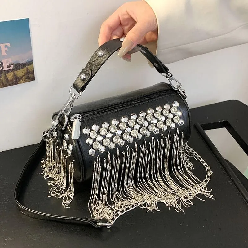Studded Chain Crossbody Chain Tassel Design Round Bags PU Leather Rivets Handbag Cool Street Style Cylinder Bag