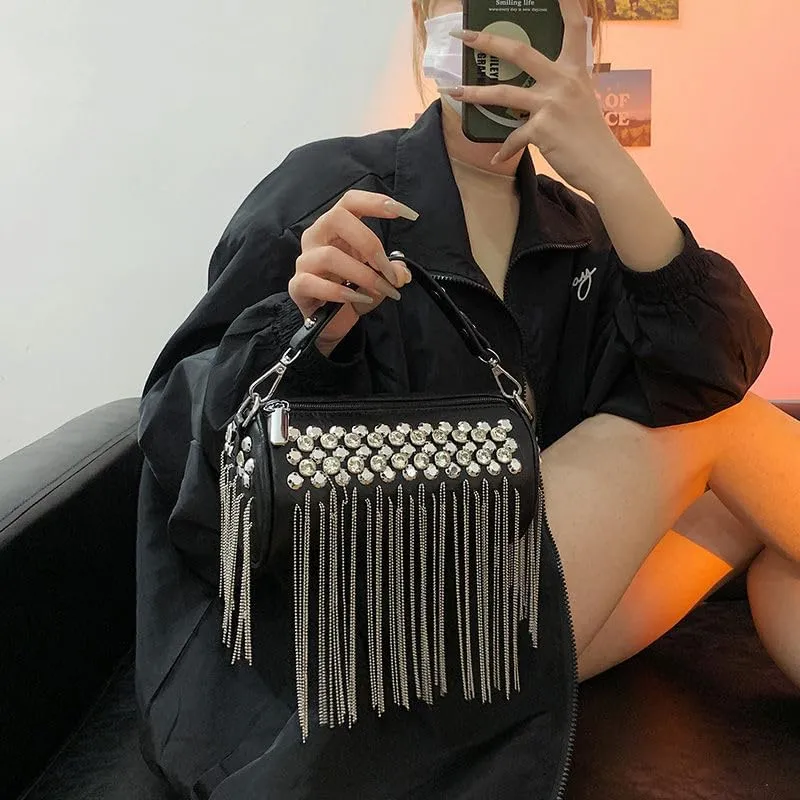Studded Chain Crossbody Chain Tassel Design Round Bags PU Leather Rivets Handbag Cool Street Style Cylinder Bag