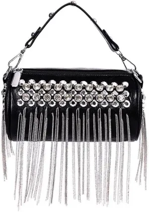 Studded Chain Crossbody Chain Tassel Design Round Bags PU Leather Rivets Handbag Cool Street Style Cylinder Bag
