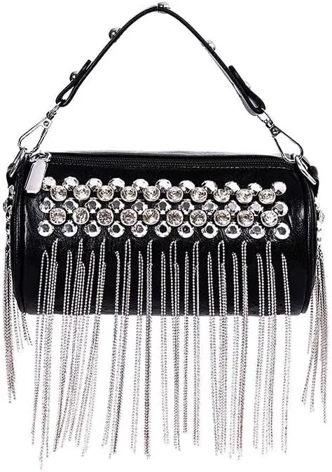 Studded Chain Crossbody Chain Tassel Design Round Bags PU Leather Rivets Handbag Cool Street Style Cylinder Bag