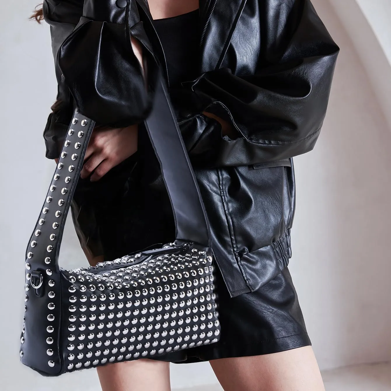 Studded Shoulder Purses for Women Trendy PU Leather Hobo Crossbody Bags Y2K Purse Cute Small Shoulder Bag