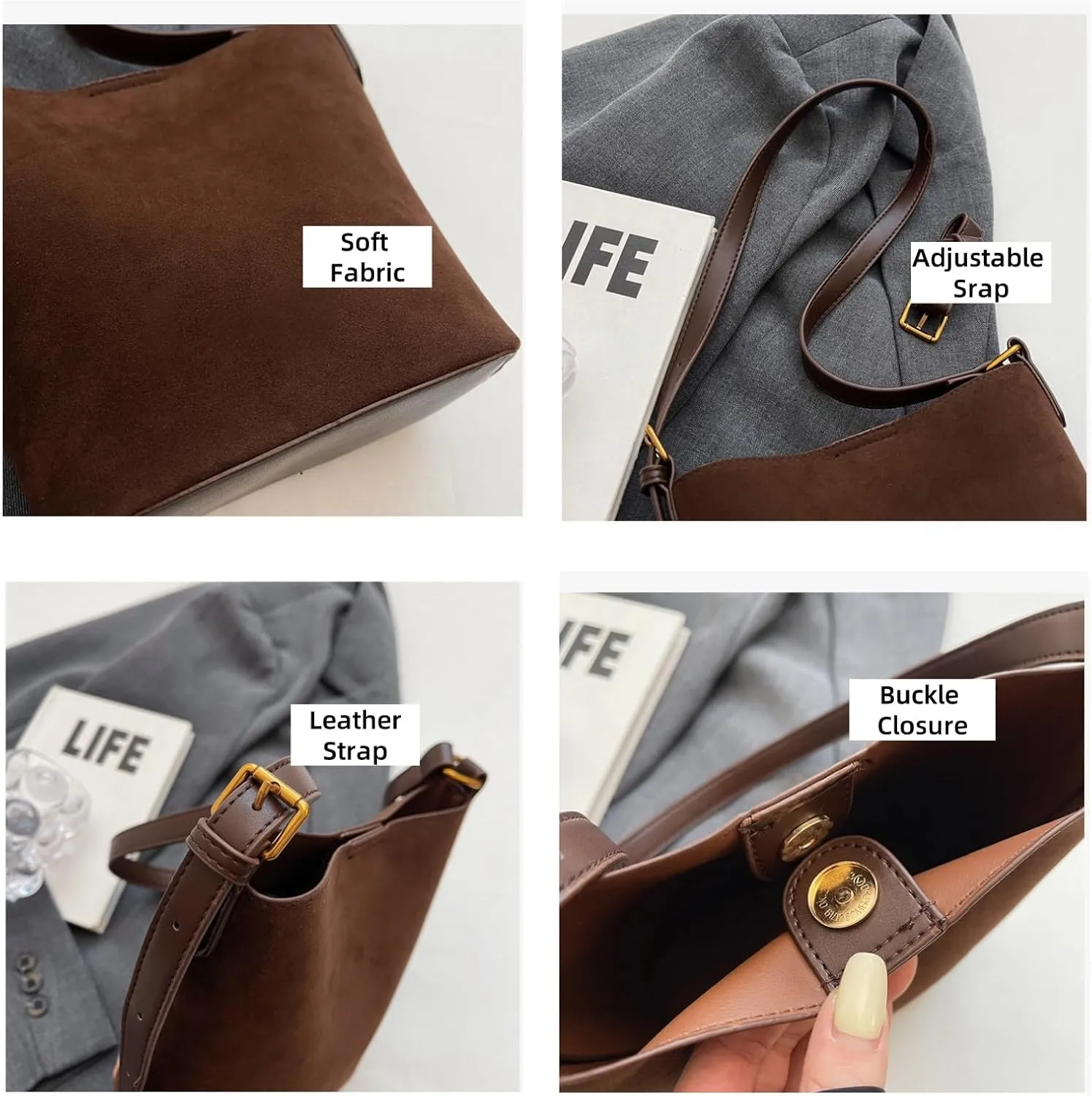 Suede Bucket Bags for Women Hobo Handbag Suede Shoulder Bag Retro Satchel Bag with Adjustable Strap