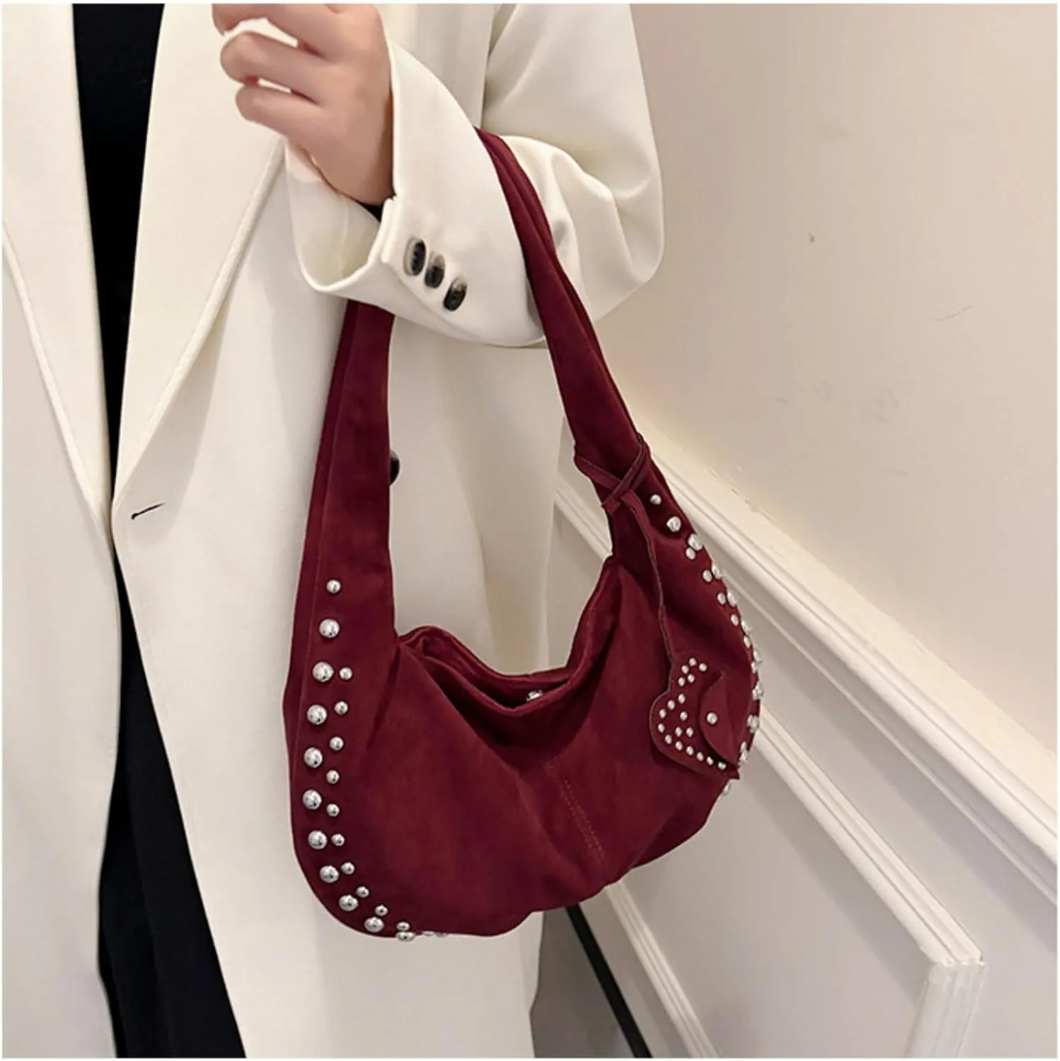Suede Handbag Studded Purse Y2k Suede Hobo Bag Vegan Leather Shoulder Purse Fall Accessories 2000s Streetwear