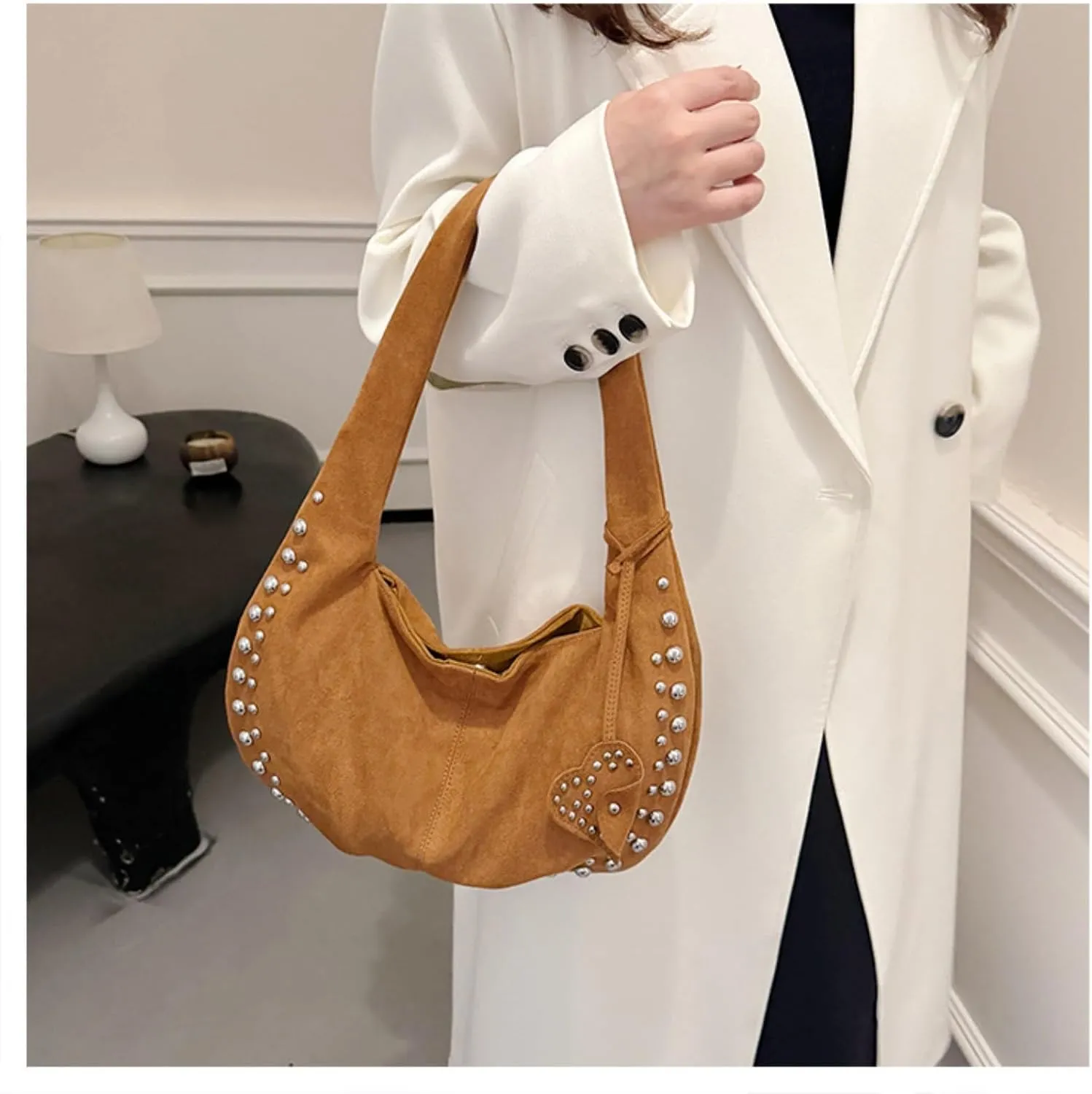 Suede Handbag Studded Purse Y2k Suede Hobo Bag Vegan Leather Shoulder Purse Fall Accessories 2000s Streetwear