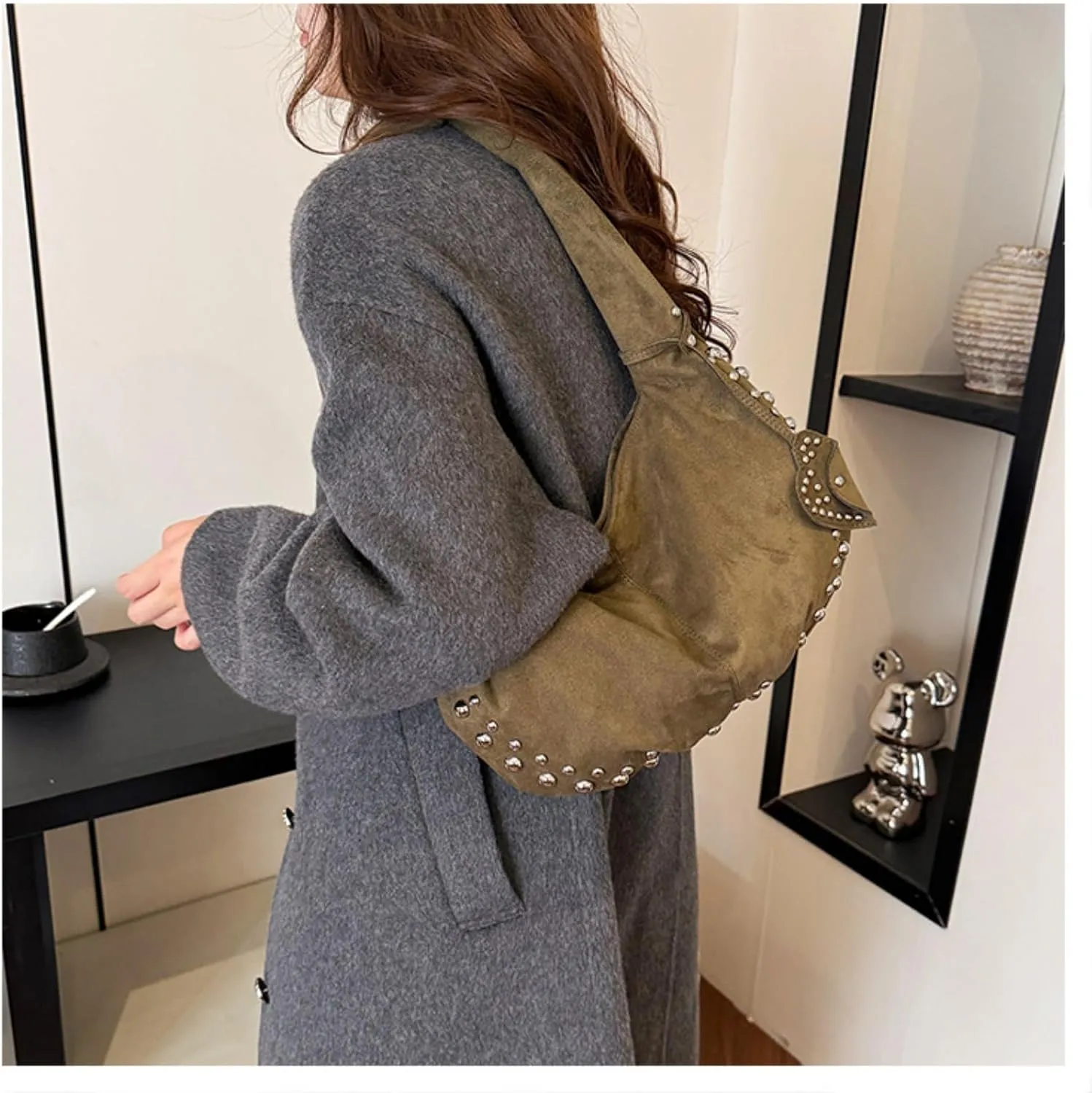 Suede Handbag Studded Purse Y2k Suede Hobo Bag Vegan Leather Shoulder Purse Fall Accessories 2000s Streetwear