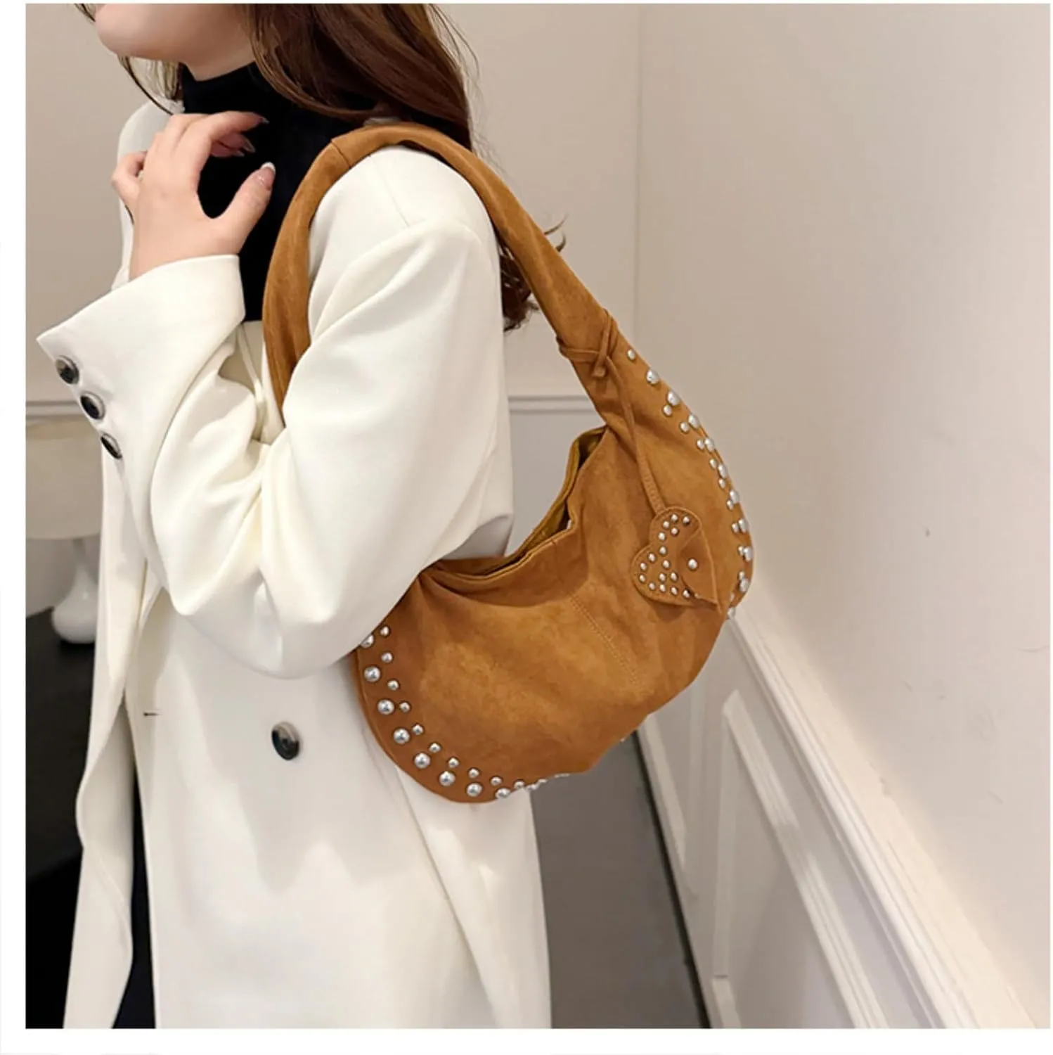 Suede Handbag Studded Purse Y2k Suede Hobo Bag Vegan Leather Shoulder Purse Fall Accessories 2000s Streetwear