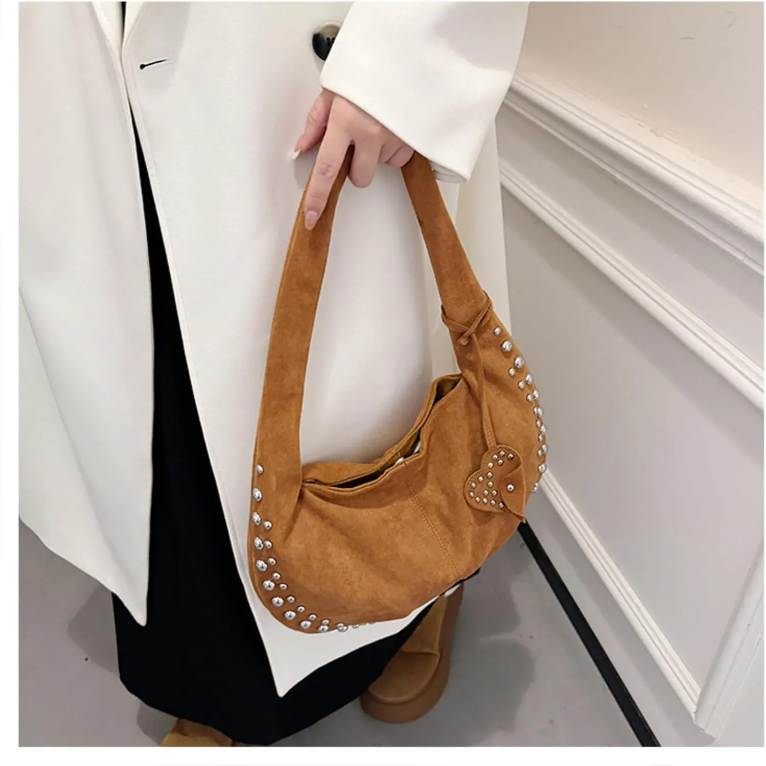 Suede Handbag Studded Purse Y2k Suede Hobo Bag Vegan Leather Shoulder Purse Fall Accessories 2000s Streetwear