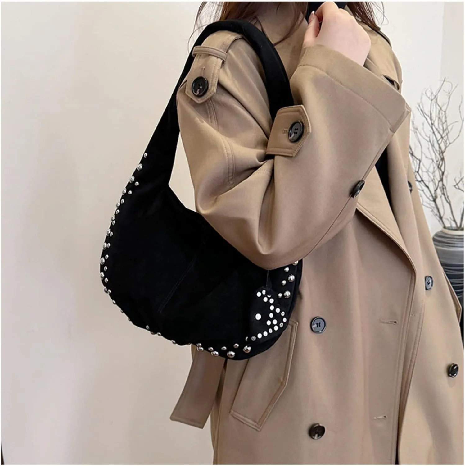 Suede Handbag Studded Purse Y2k Suede Hobo Bag Vegan Leather Shoulder Purse Fall Accessories 2000s Streetwear