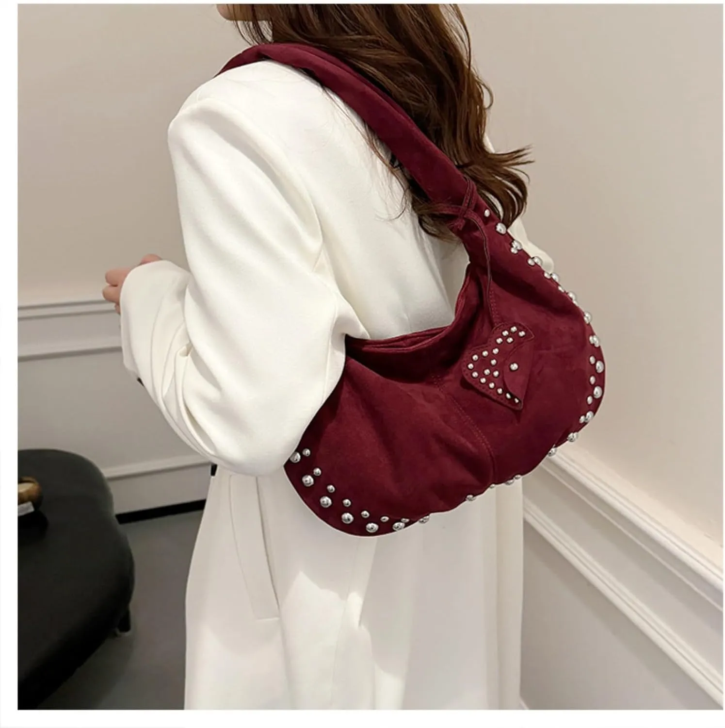 Suede Handbag Studded Purse Y2k Suede Hobo Bag Vegan Leather Shoulder Purse Fall Accessories 2000s Streetwear