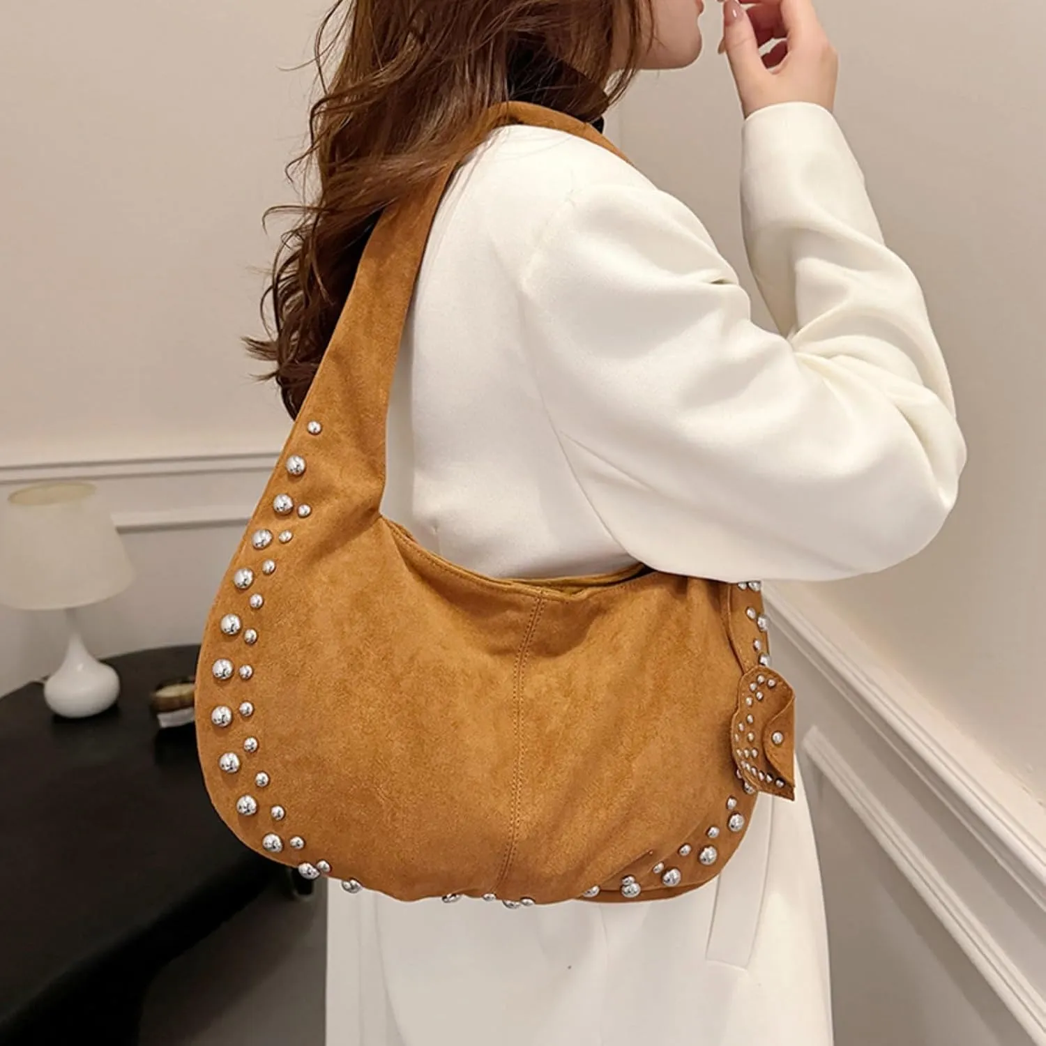 Suede Handbag Studded Purse Y2k Suede Hobo Bag Vegan Leather Shoulder Purse Fall Accessories 2000s Streetwear