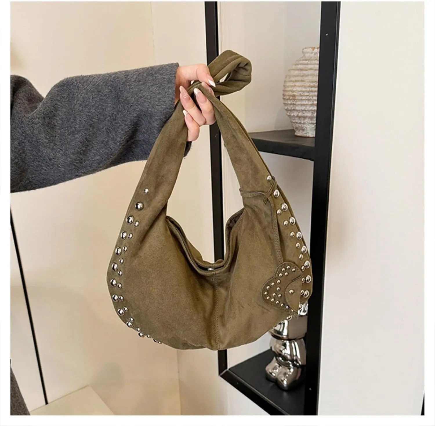 Suede Handbag Studded Purse Y2k Suede Hobo Bag Vegan Leather Shoulder Purse Fall Accessories 2000s Streetwear