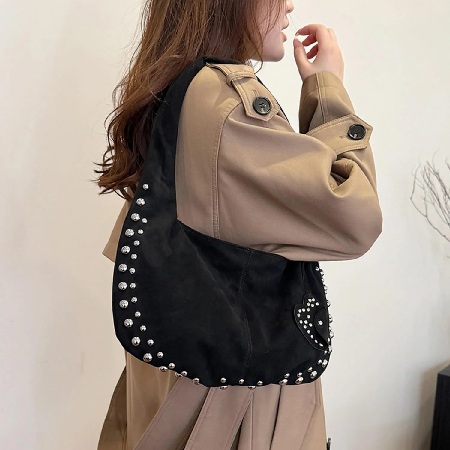 Suede Handbag Studded Purse Y2k Suede Hobo Bag Vegan Leather Shoulder Purse Fall Accessories 2000s Streetwear