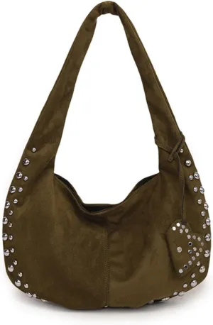 Suede Handbag Studded Purse Y2k Suede Hobo Bag Vegan Leather Shoulder Purse Fall Accessories 2000s Streetwear