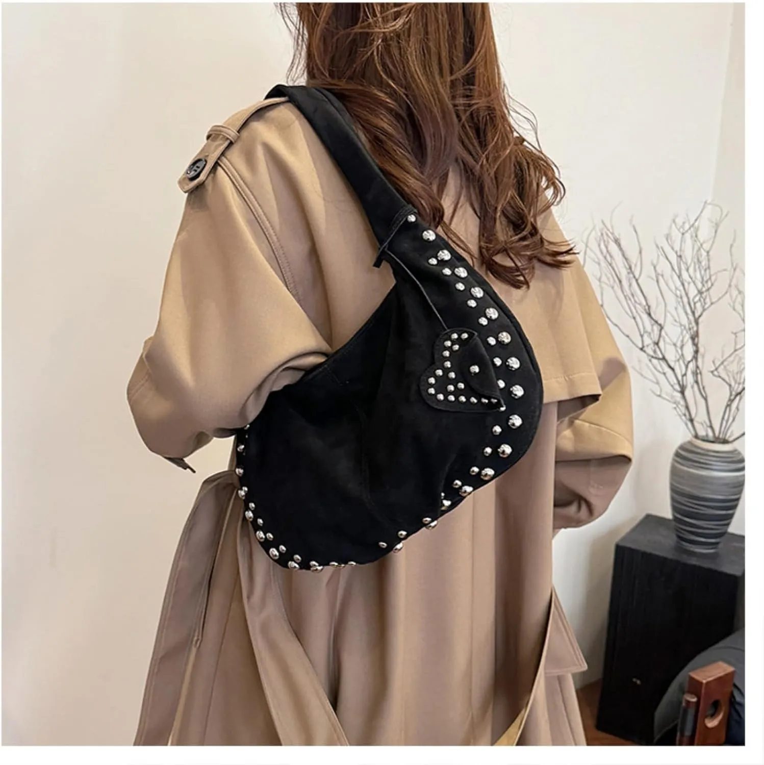 Suede Handbag Studded Purse Y2k Suede Hobo Bag Vegan Leather Shoulder Purse Fall Accessories 2000s Streetwear
