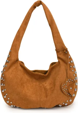 Suede Handbag Studded Purse Y2k Suede Hobo Bag Vegan Leather Shoulder Purse Fall Accessories 2000s Streetwear