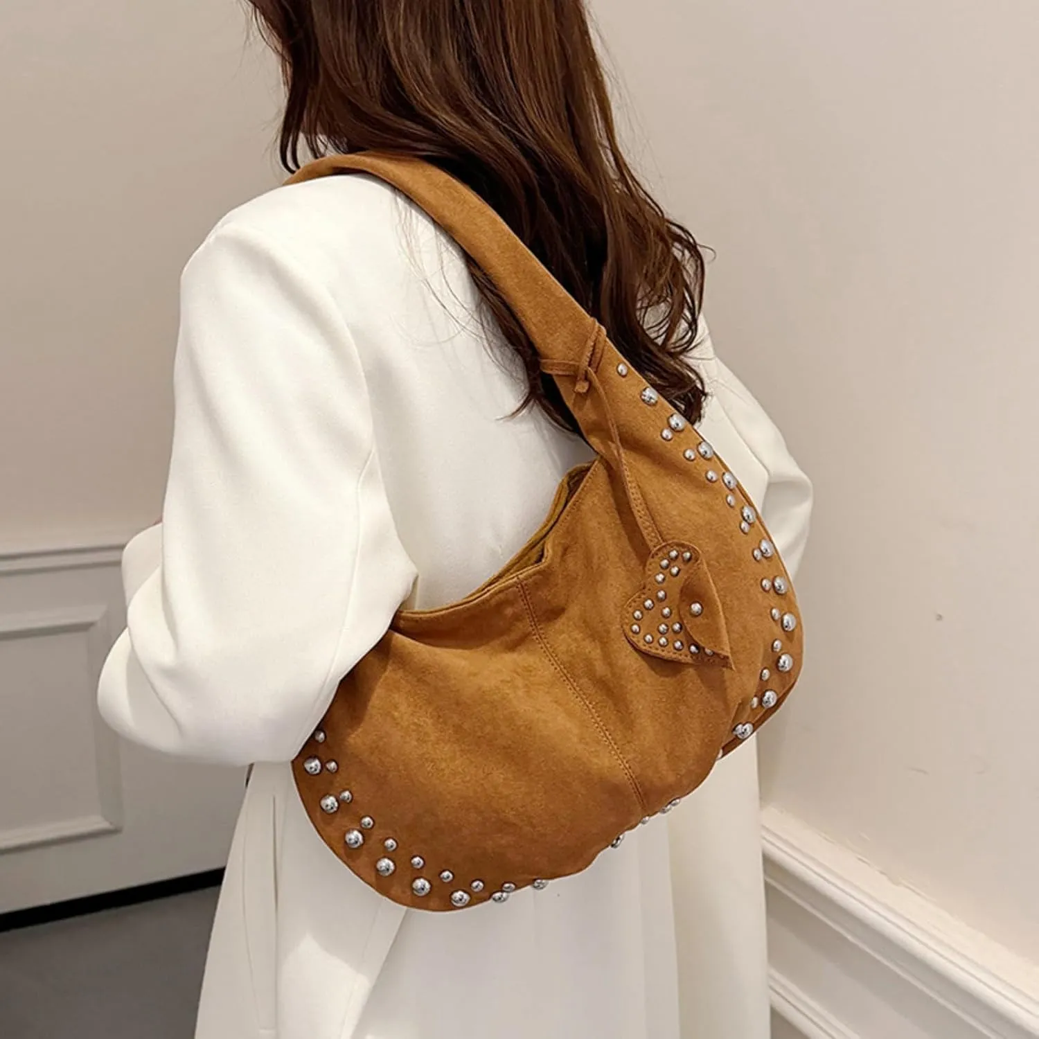 Suede Handbag Studded Purse Y2k Suede Hobo Bag Vegan Leather Shoulder Purse Fall Accessories 2000s Streetwear