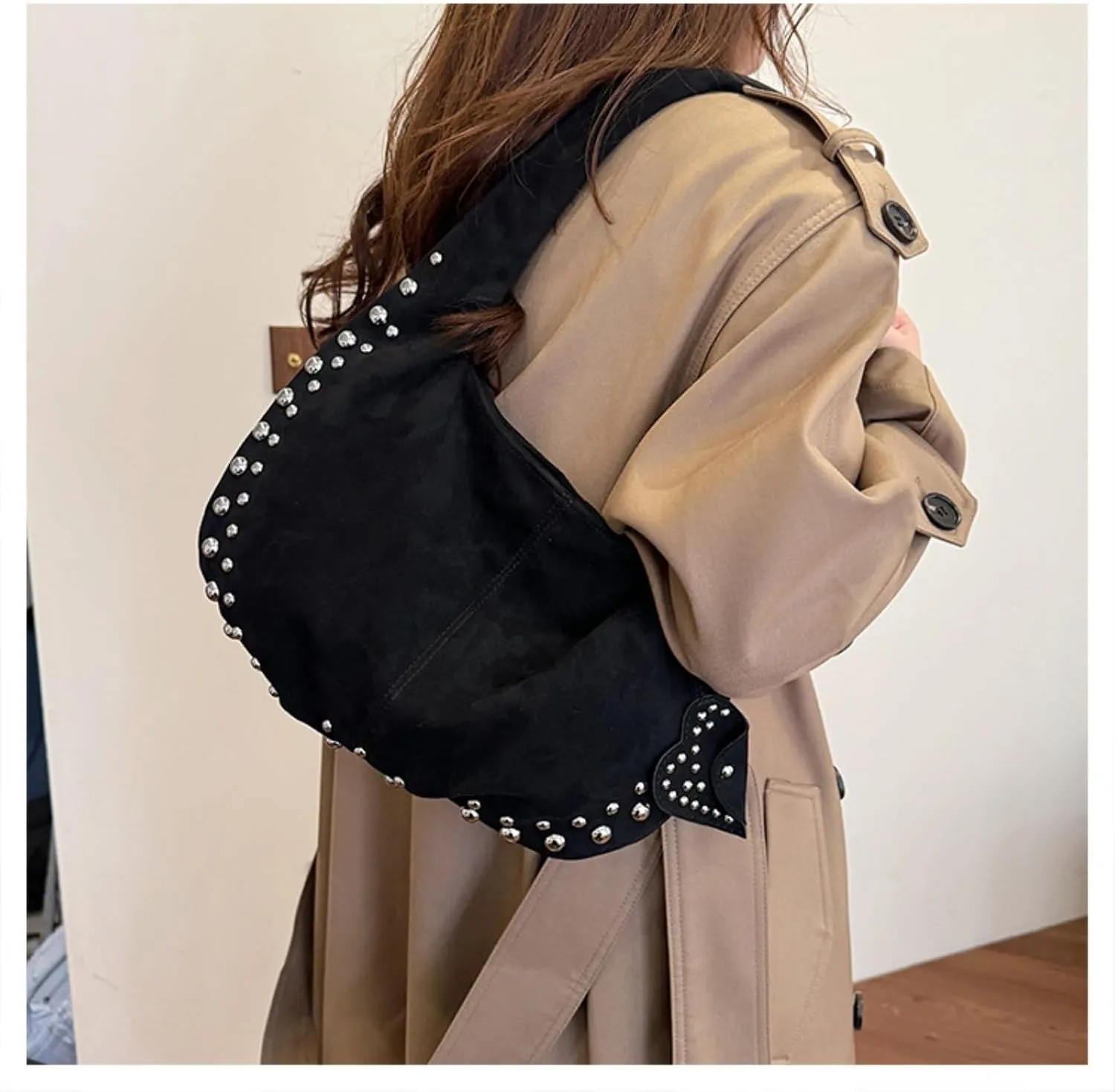 Suede Handbag Studded Purse Y2k Suede Hobo Bag Vegan Leather Shoulder Purse Fall Accessories 2000s Streetwear