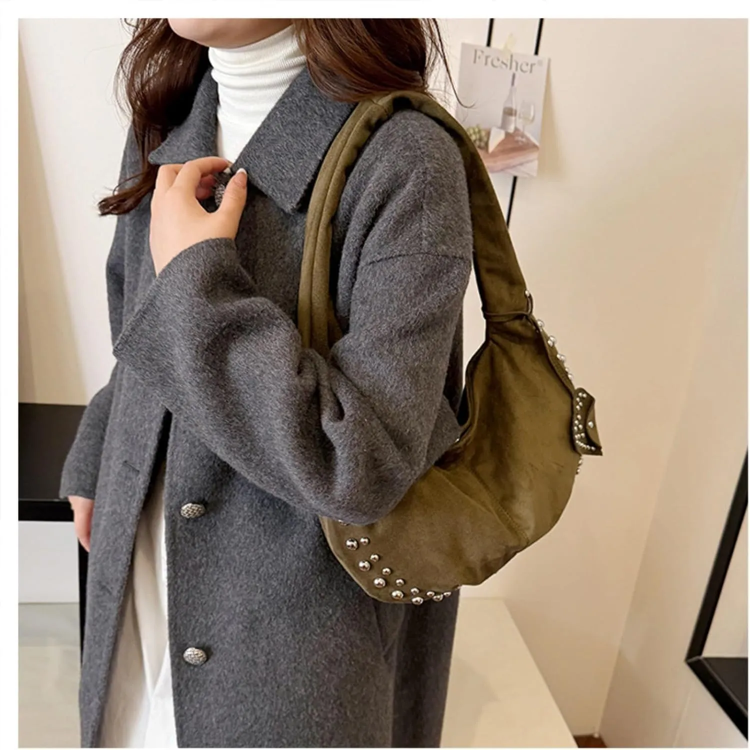Suede Handbag Studded Purse Y2k Suede Hobo Bag Vegan Leather Shoulder Purse Fall Accessories 2000s Streetwear