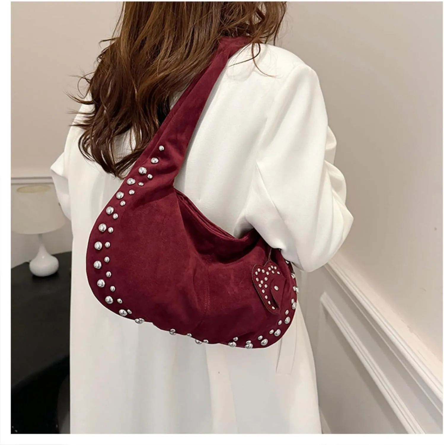 Suede Handbag Studded Purse Y2k Suede Hobo Bag Vegan Leather Shoulder Purse Fall Accessories 2000s Streetwear