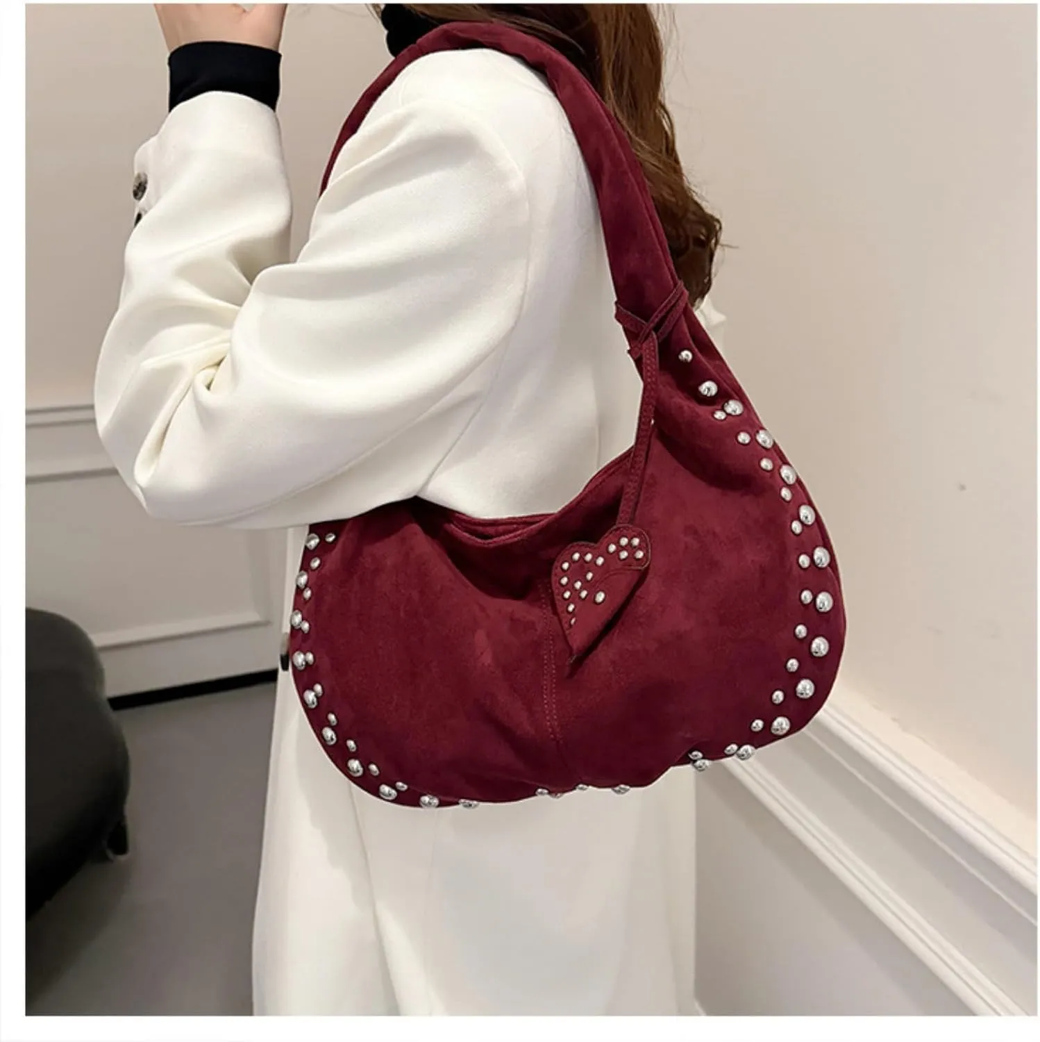 Suede Handbag Studded Purse Y2k Suede Hobo Bag Vegan Leather Shoulder Purse Fall Accessories 2000s Streetwear