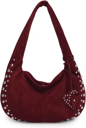 Suede Handbag Studded Purse Y2k Suede Hobo Bag Vegan Leather Shoulder Purse Fall Accessories 2000s Streetwear