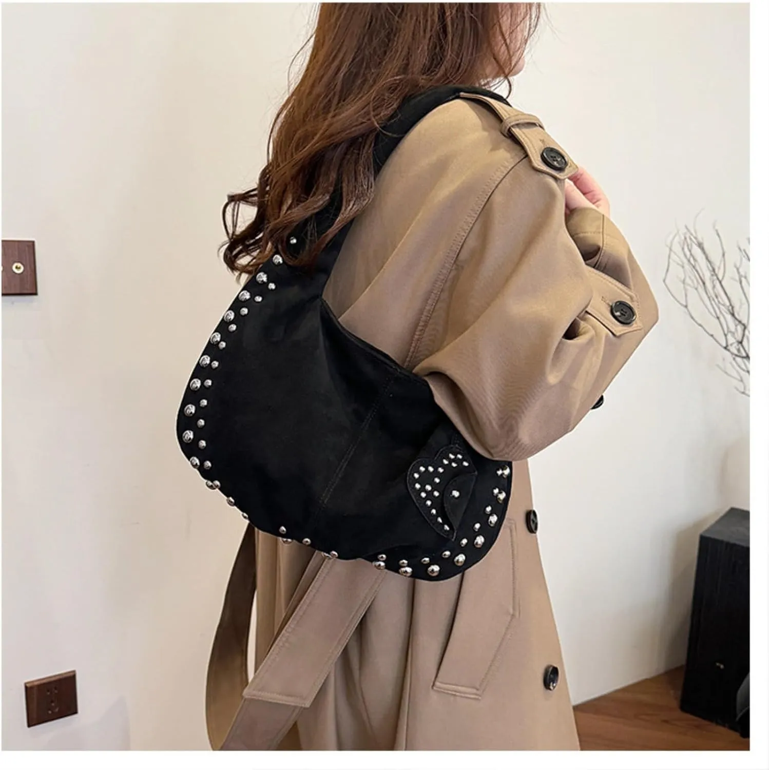 Suede Handbag Studded Purse Y2k Suede Hobo Bag Vegan Leather Shoulder Purse Fall Accessories 2000s Streetwear