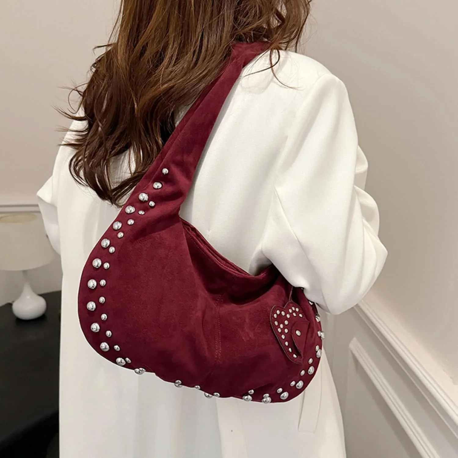 Suede Handbag Studded Purse Y2k Suede Hobo Bag Vegan Leather Shoulder Purse Fall Accessories 2000s Streetwear