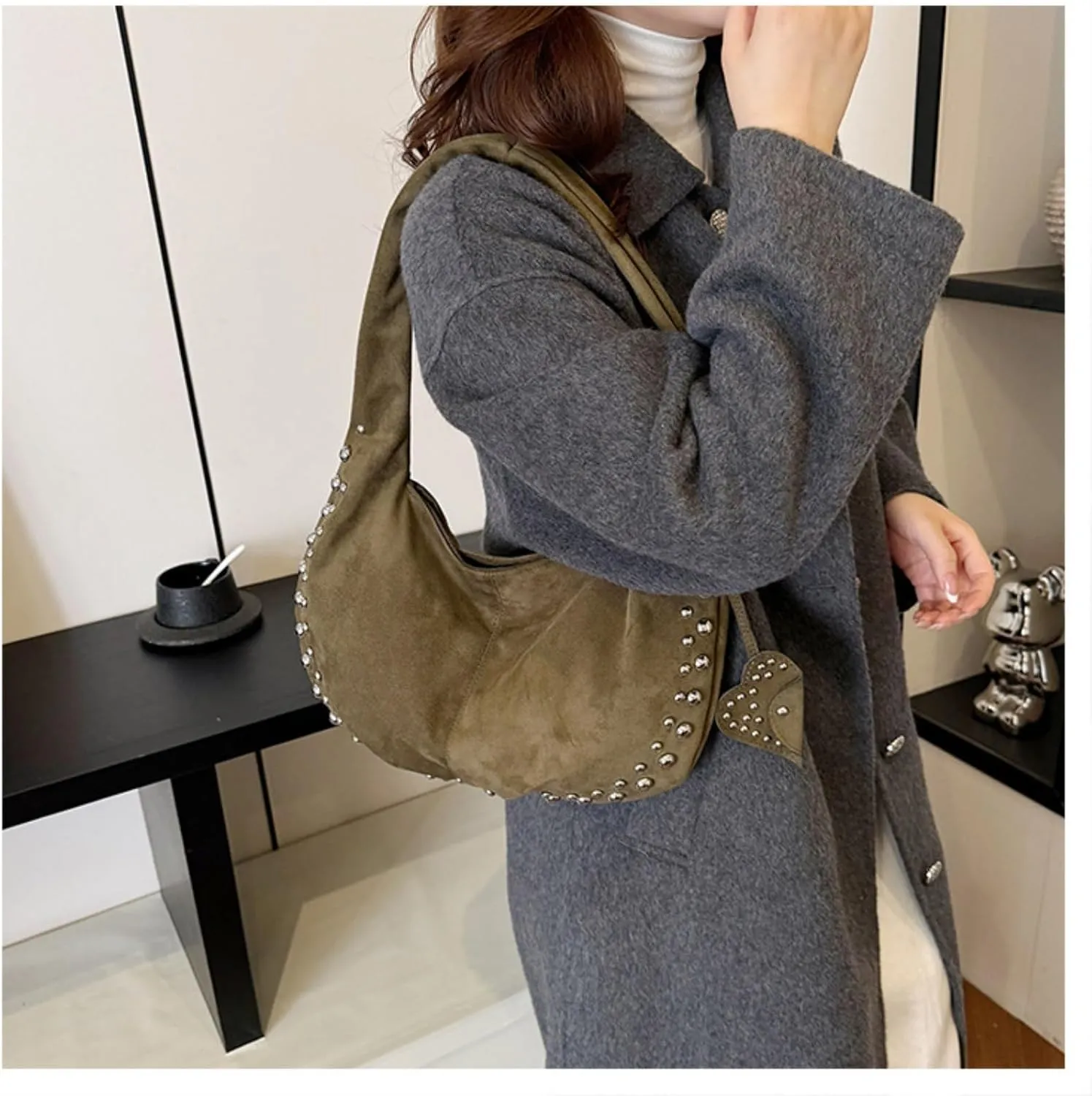 Suede Handbag Studded Purse Y2k Suede Hobo Bag Vegan Leather Shoulder Purse Fall Accessories 2000s Streetwear