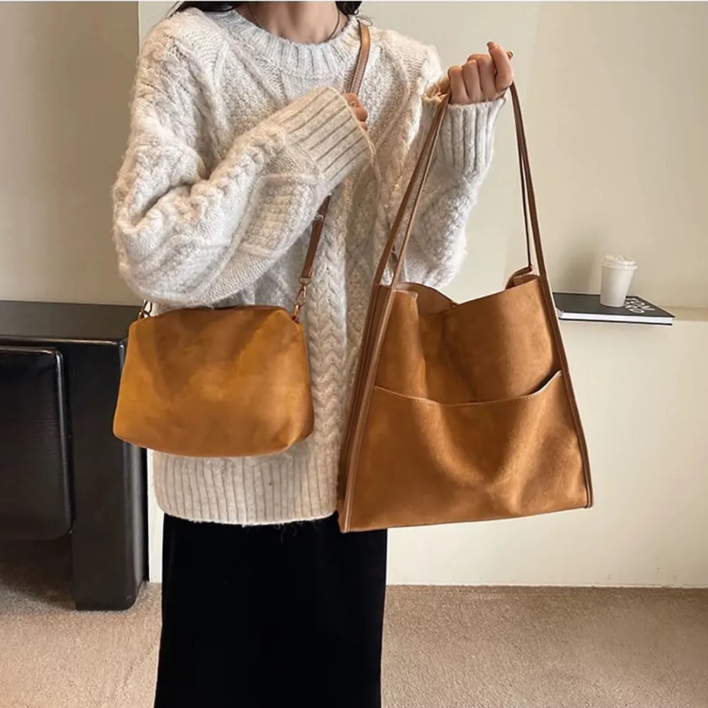 Suede Tote Bags for Women Faux Suede Purse Hobo Bag Bucket Shoulder Purse Handbag