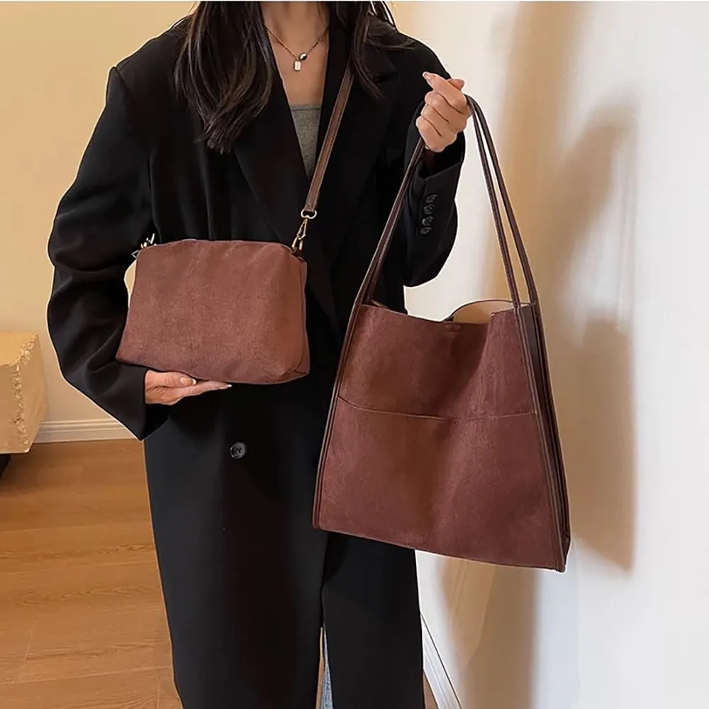 Suede Tote Bags for Women Faux Suede Purse Hobo Bag Bucket Shoulder Purse Handbag