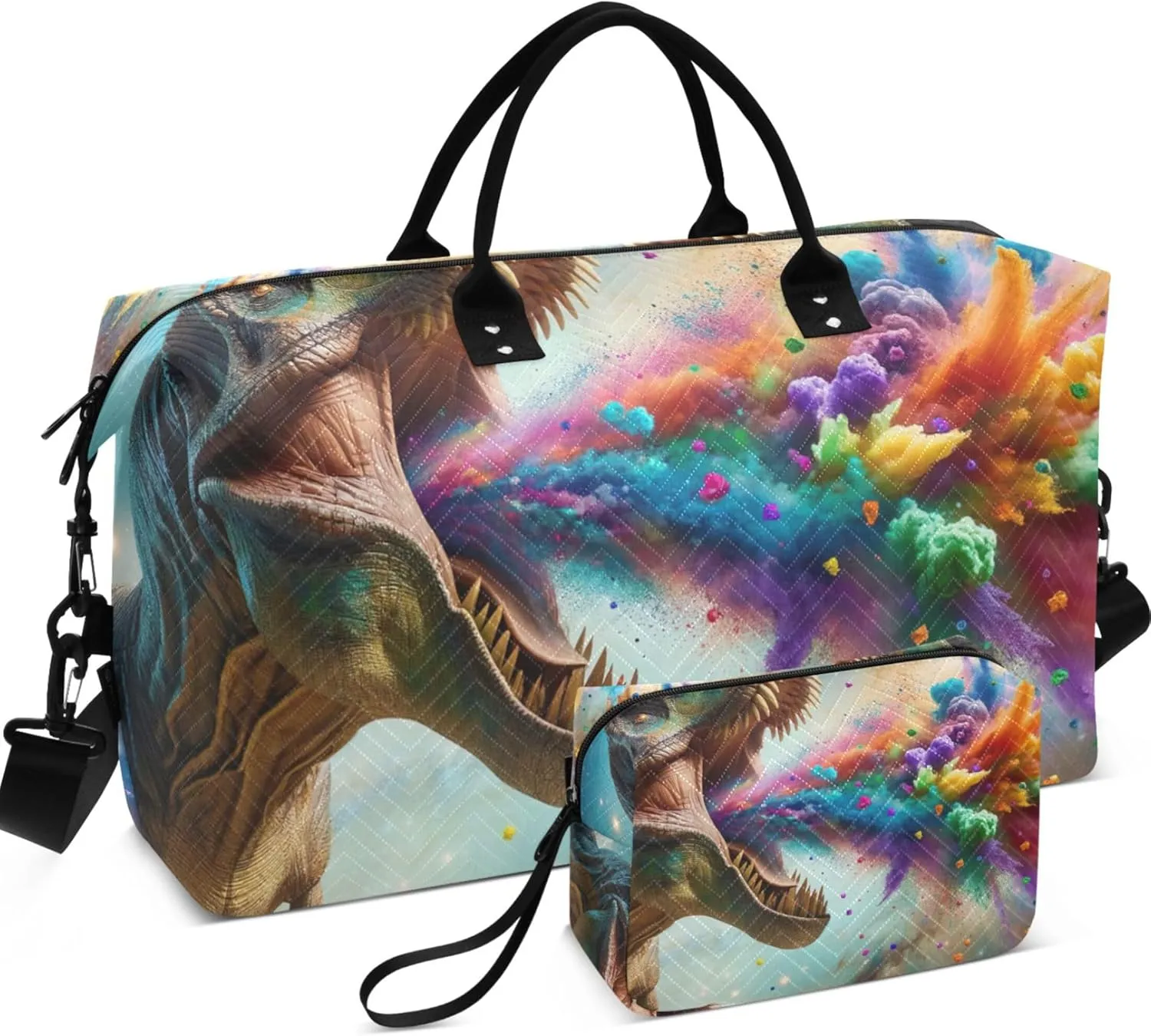 t Rex Colorful Confetti Duffle Travel Bags Cosmetic Pouch Set of 2, Print Women Gym Bags Tote Traveling Bags