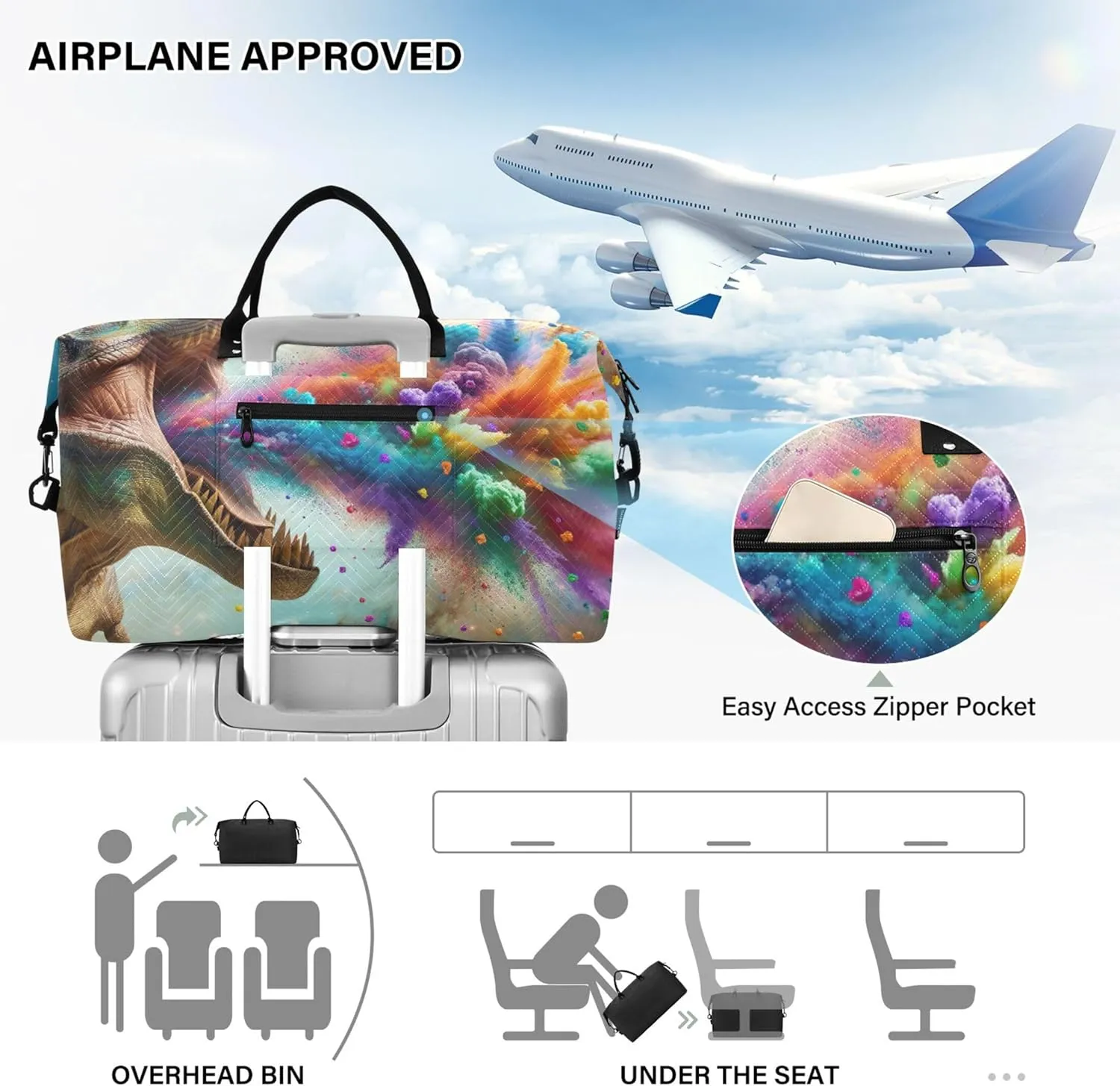 t Rex Colorful Confetti Duffle Travel Bags Cosmetic Pouch Set of 2, Print Women Gym Bags Tote Traveling Bags