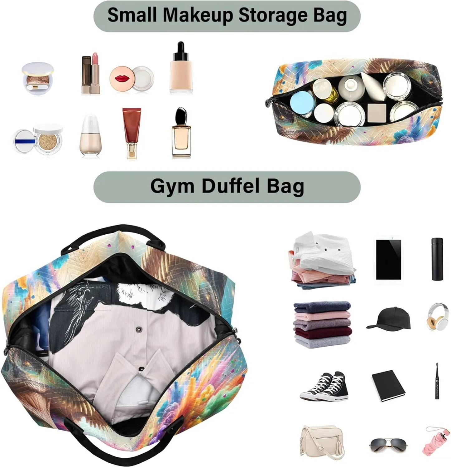 t Rex Colorful Confetti Duffle Travel Bags Cosmetic Pouch Set of 2, Print Women Gym Bags Tote Traveling Bags