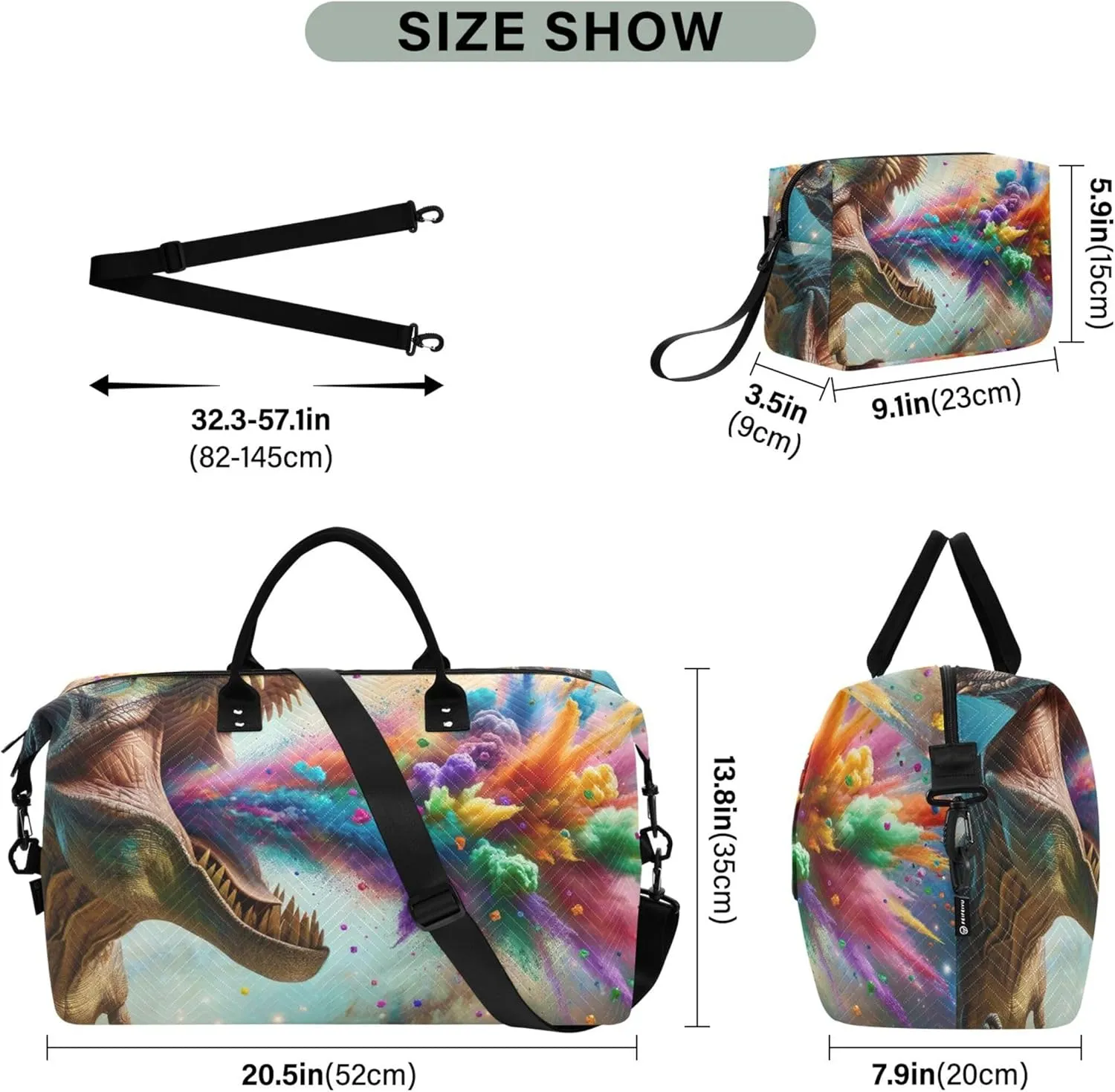 t Rex Colorful Confetti Duffle Travel Bags Cosmetic Pouch Set of 2, Print Women Gym Bags Tote Traveling Bags