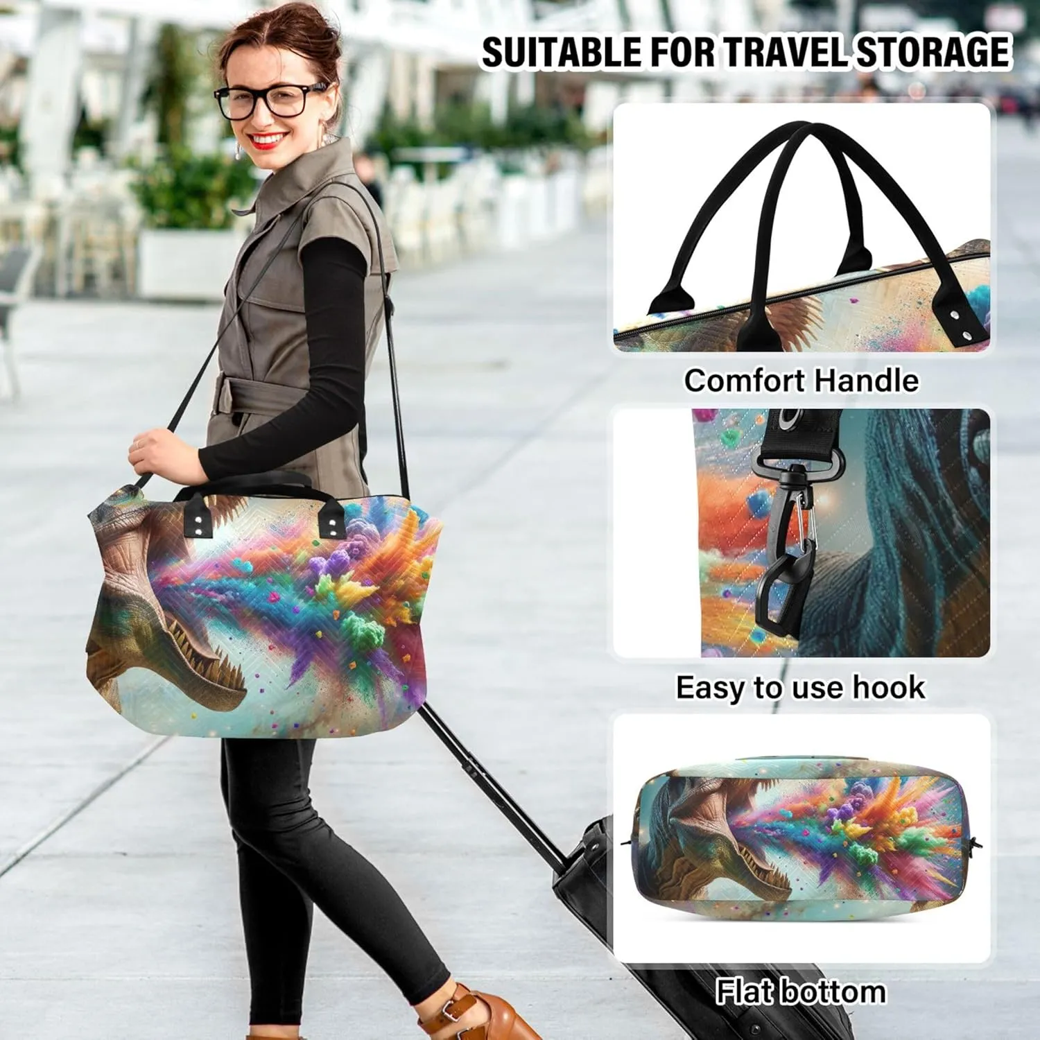 t Rex Colorful Confetti Duffle Travel Bags Cosmetic Pouch Set of 2, Print Women Gym Bags Tote Traveling Bags
