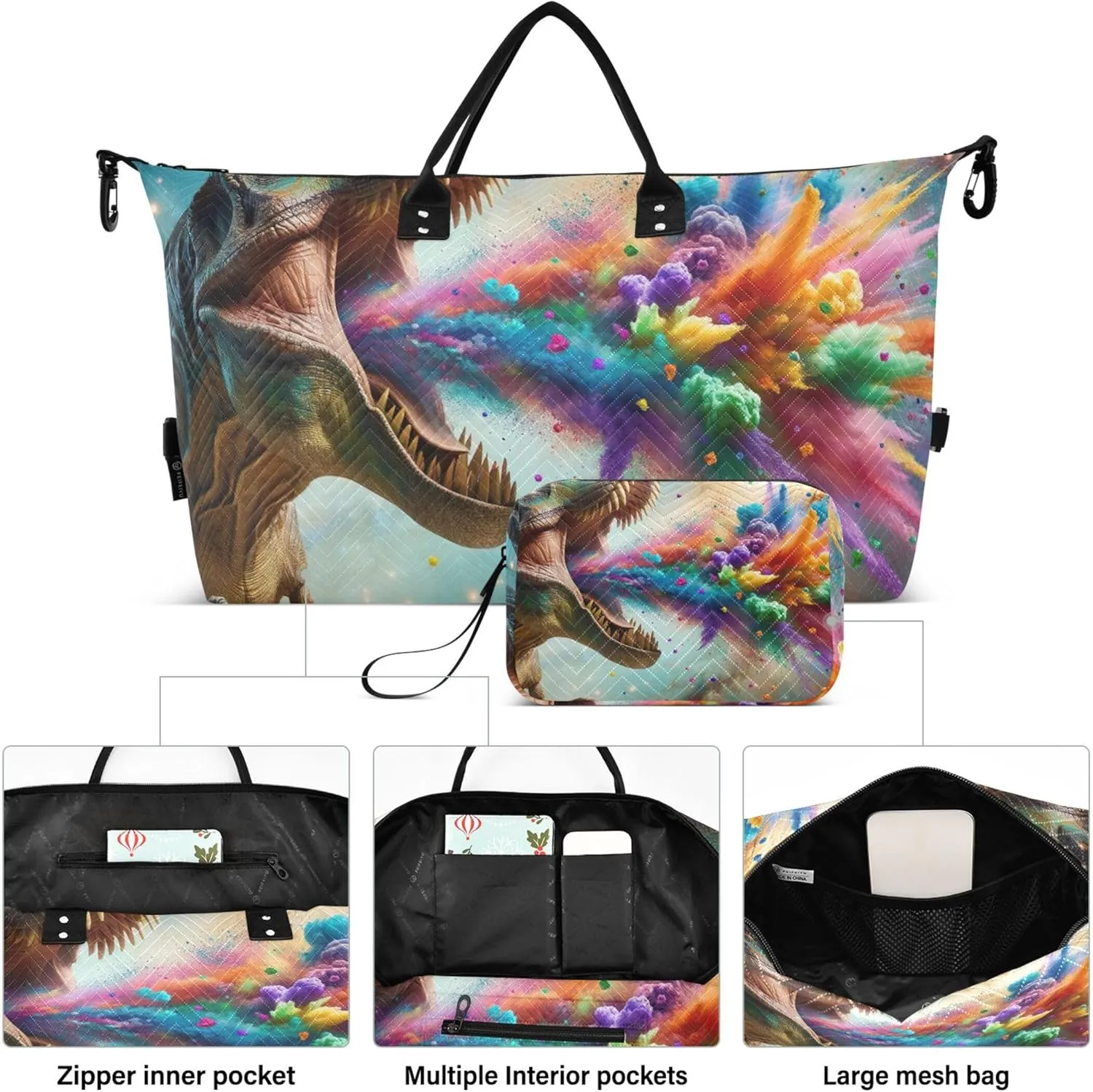 t Rex Colorful Confetti Duffle Travel Bags Cosmetic Pouch Set of 2, Print Women Gym Bags Tote Traveling Bags