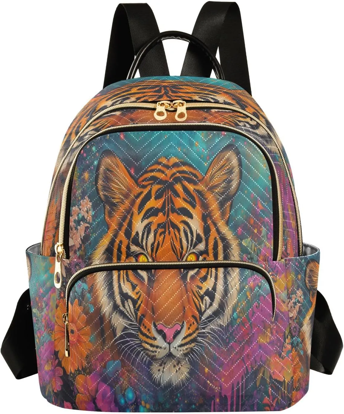 Tiger Flowers Lush Colorful Backpack Purse for Women Fashion Small Mini Daypack Purse for Lady Anti-theft Shoulder Bag Back Pack Handbag Lady Purse