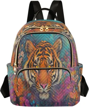 Tiger Flowers Lush Colorful Backpack Purse for Women Fashion Small Mini Daypack Purse for Lady Anti-theft Shoulder Bag Back Pack Handbag Lady Purse