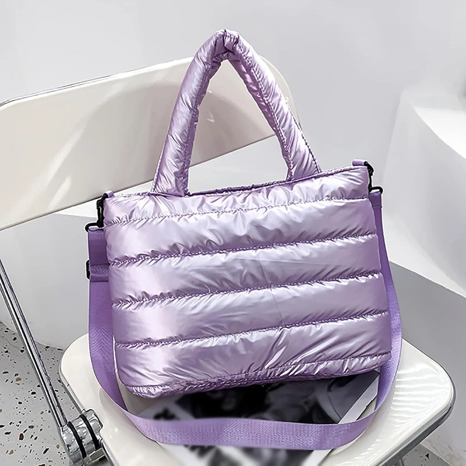 Tote Bag For Women Quilted Handbag Lightweight Winter Down Cotton Padded Shoulder Crossbody Handbags Down Padding Shopping X