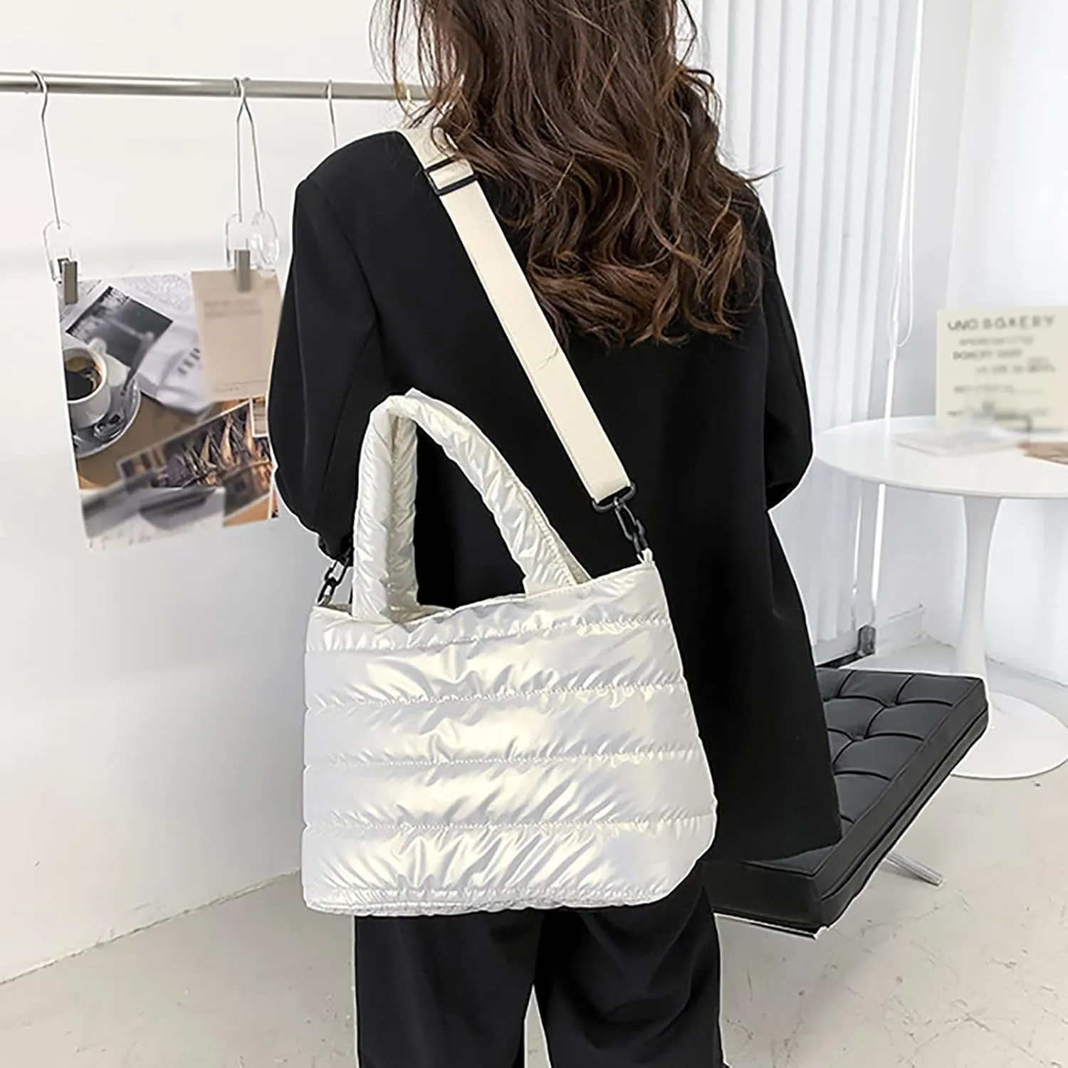 Tote Bag For Women Quilted Handbag Lightweight Winter Down Cotton Padded Shoulder Crossbody Handbags Down Padding Shopping X