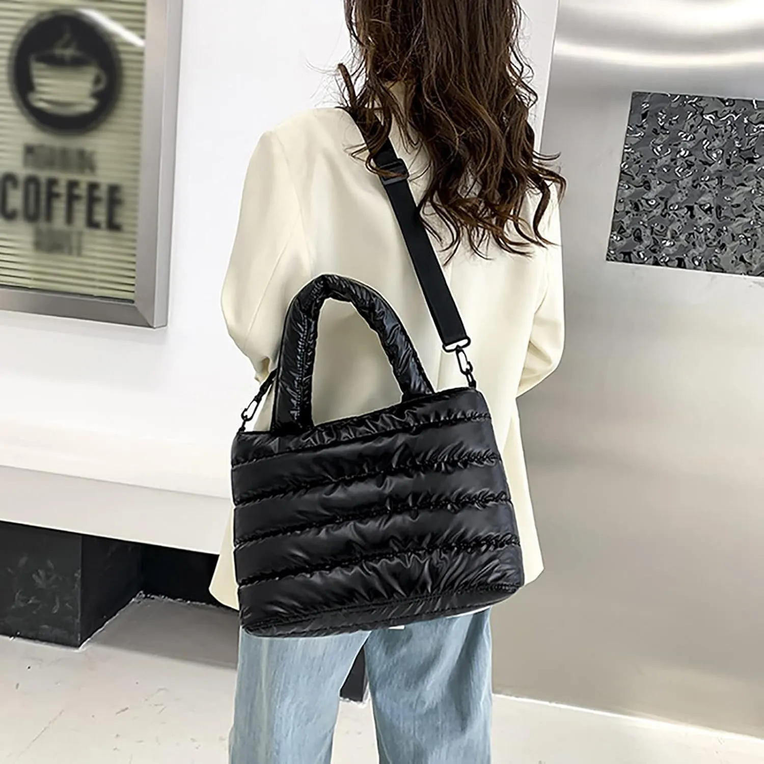 Tote Bag For Women Quilted Handbag Lightweight Winter Down Cotton Padded Shoulder Crossbody Handbags Down Padding Shopping X