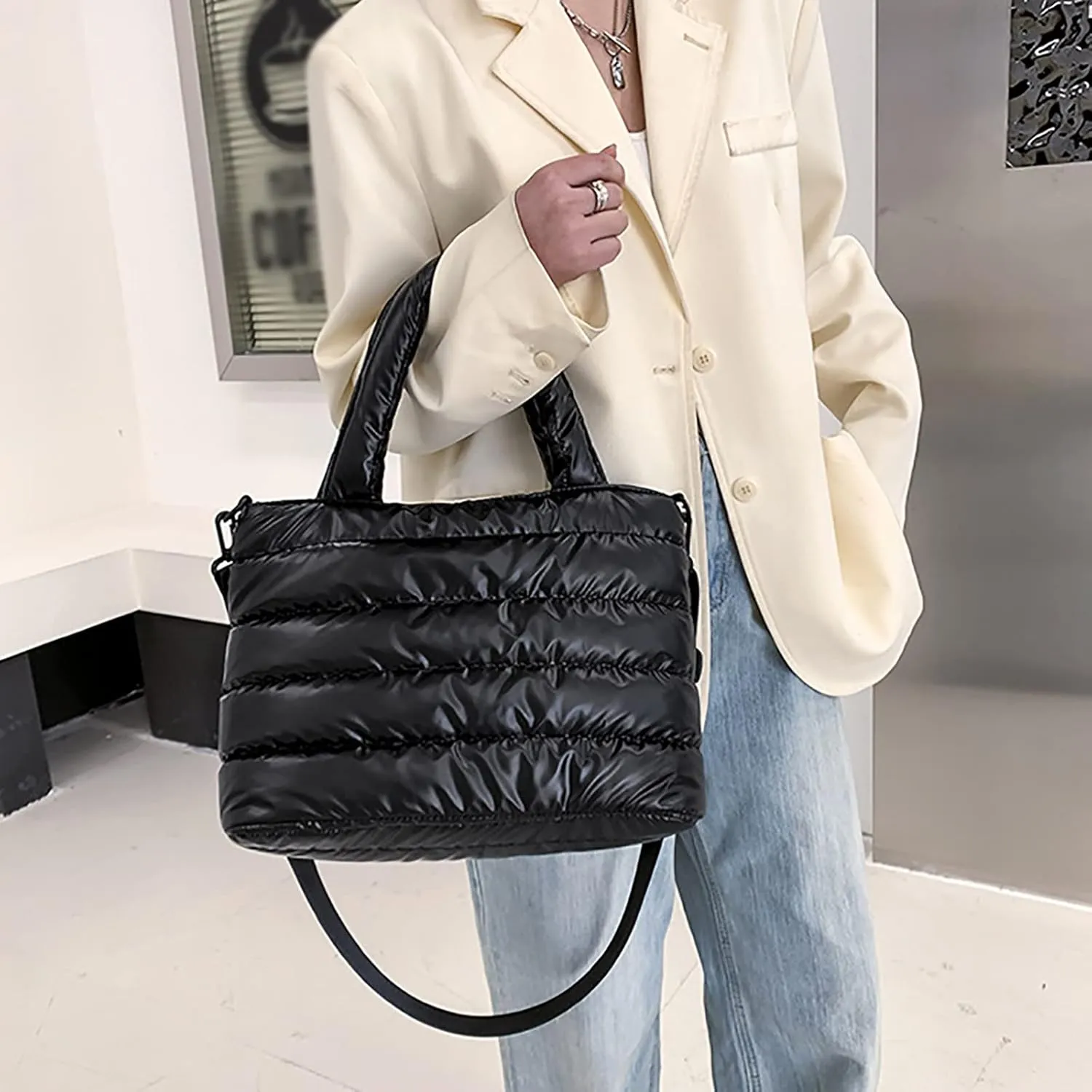 Tote Bag For Women Quilted Handbag Lightweight Winter Down Cotton Padded Shoulder Crossbody Handbags Down Padding Shopping X