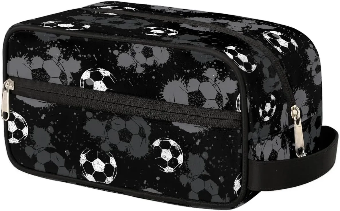 Travel Toiletry Bag for Boys Kids, Black White Soccer Waterproof Hanging Dopp Kit for Men, Shaving Bag with Large Capacity for Travel, Sports, Shower