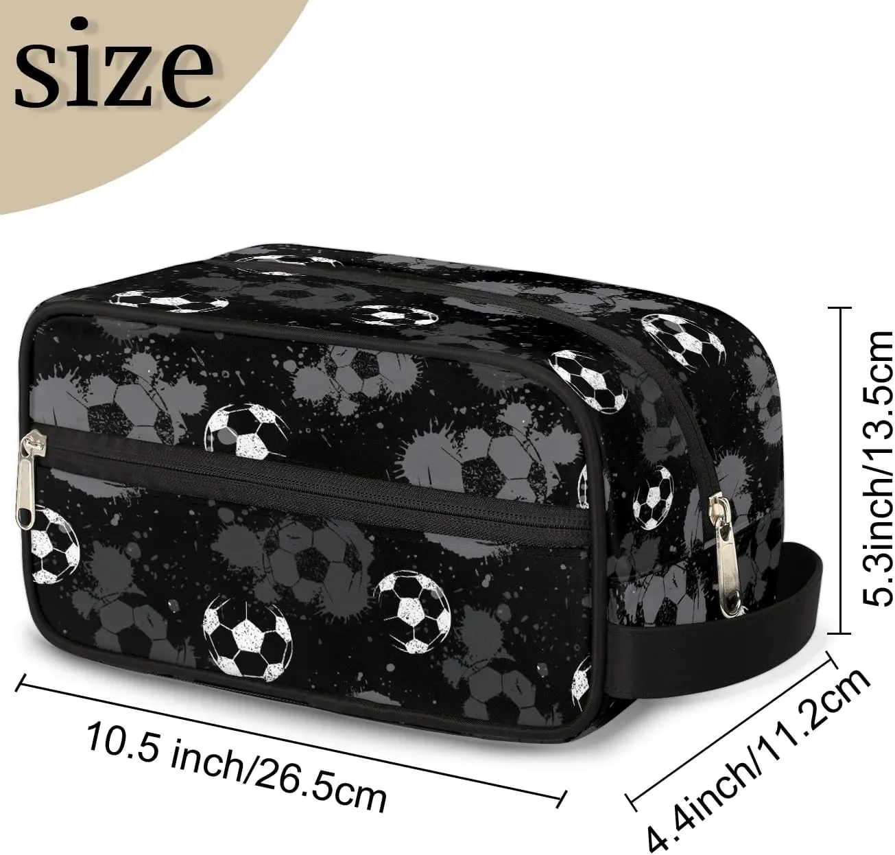 Travel Toiletry Bag for Boys Kids, Black White Soccer Waterproof Hanging Dopp Kit for Men, Shaving Bag with Large Capacity for Travel, Sports, Shower