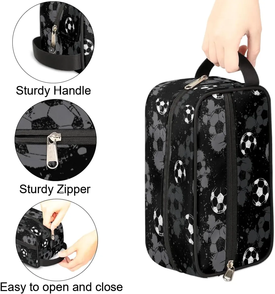 Travel Toiletry Bag for Boys Kids, Black White Soccer Waterproof Hanging Dopp Kit for Men, Shaving Bag with Large Capacity for Travel, Sports, Shower