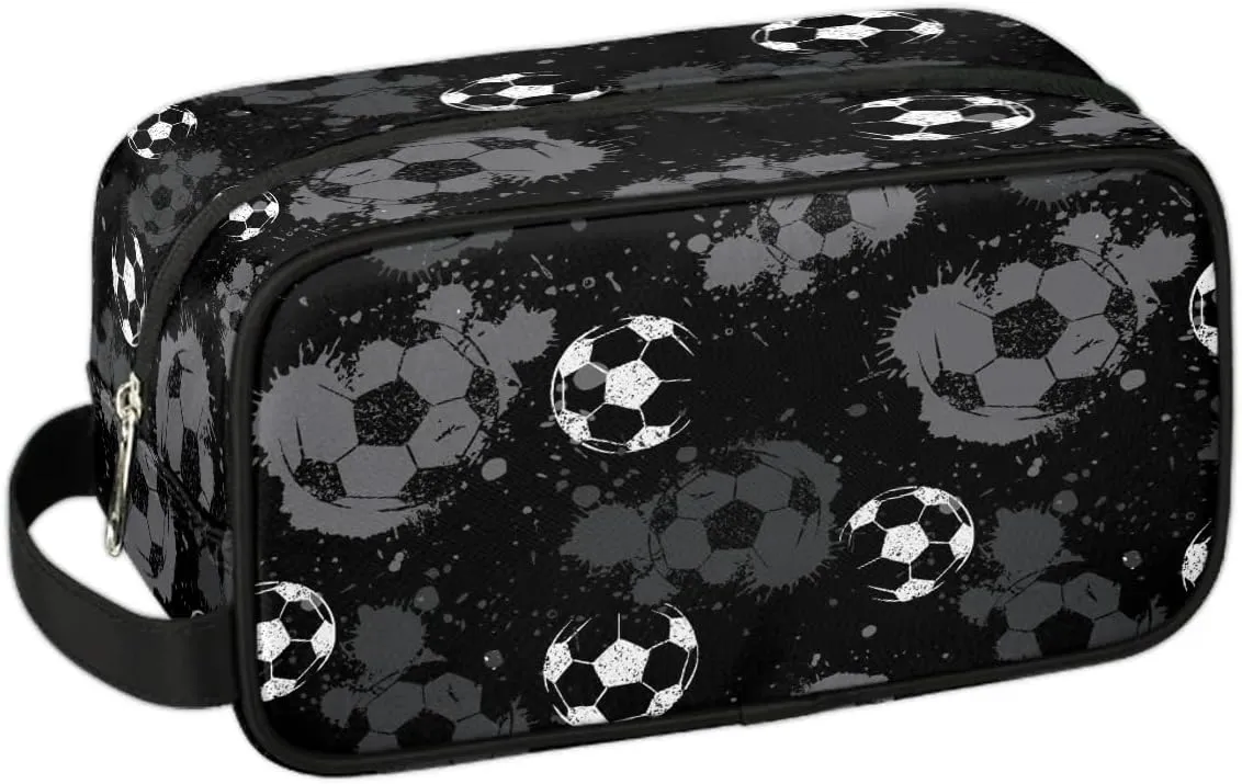 Travel Toiletry Bag for Boys Kids, Black White Soccer Waterproof Hanging Dopp Kit for Men, Shaving Bag with Large Capacity for Travel, Sports, Shower