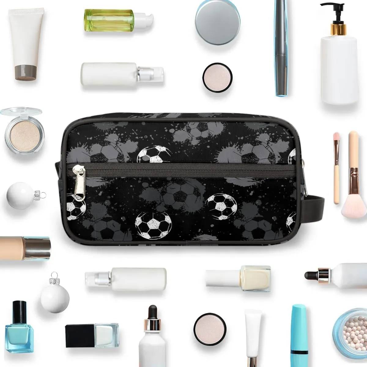 Travel Toiletry Bag for Boys Kids, Black White Soccer Waterproof Hanging Dopp Kit for Men, Shaving Bag with Large Capacity for Travel, Sports, Shower