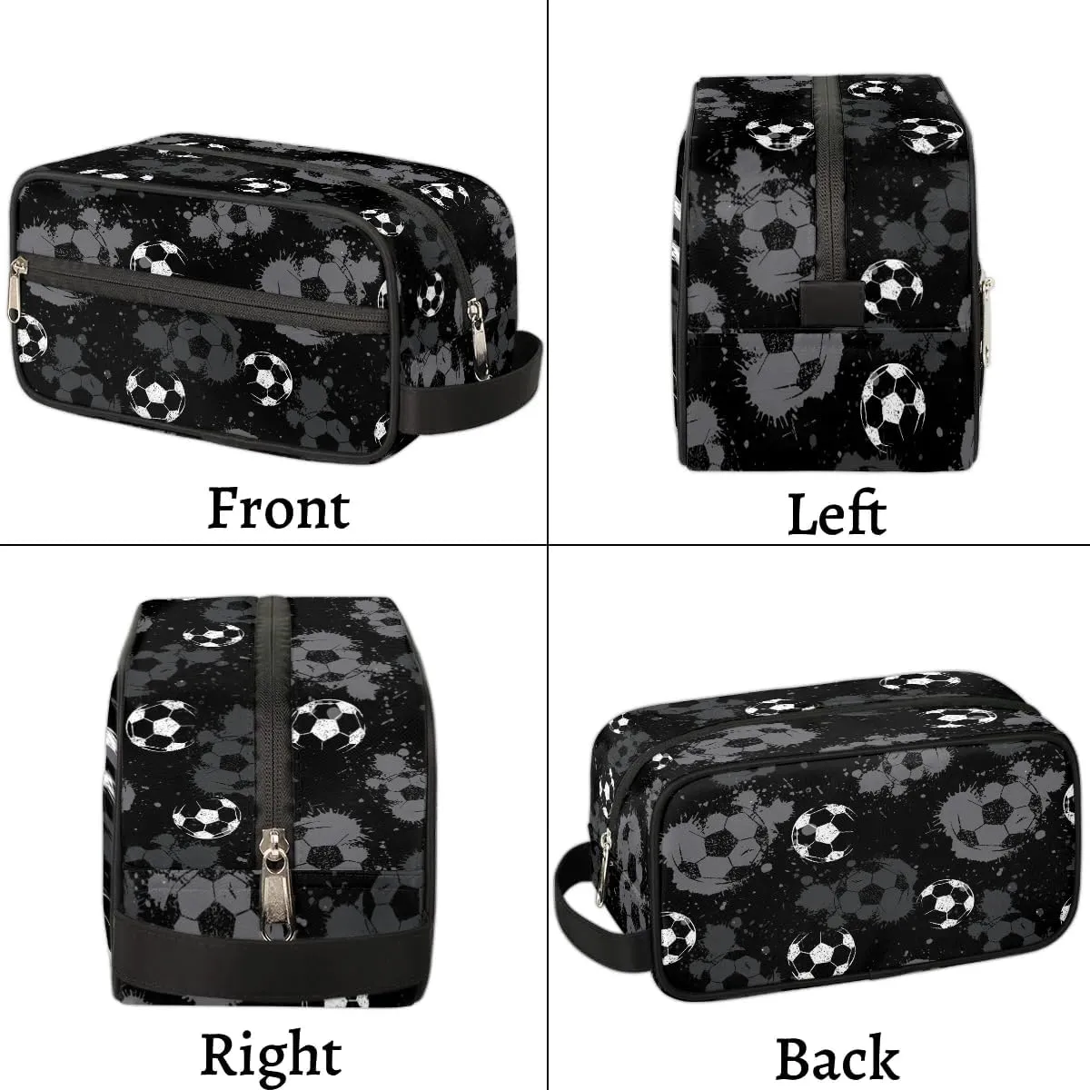 Travel Toiletry Bag for Boys Kids, Black White Soccer Waterproof Hanging Dopp Kit for Men, Shaving Bag with Large Capacity for Travel, Sports, Shower