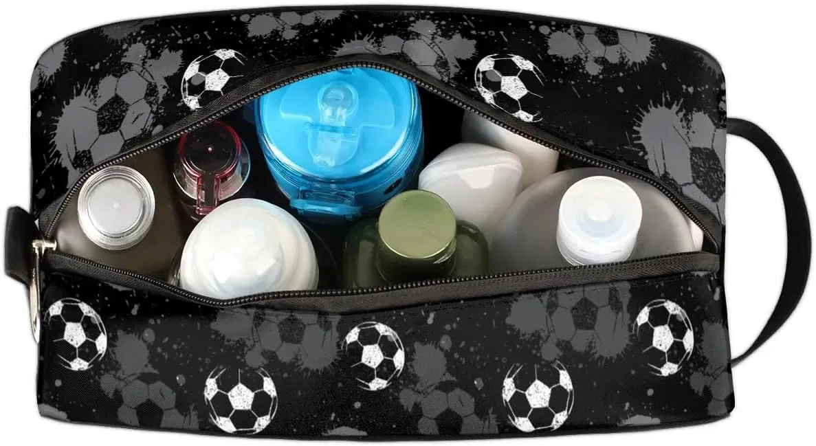 Travel Toiletry Bag for Boys Kids, Black White Soccer Waterproof Hanging Dopp Kit for Men, Shaving Bag with Large Capacity for Travel, Sports, Shower
