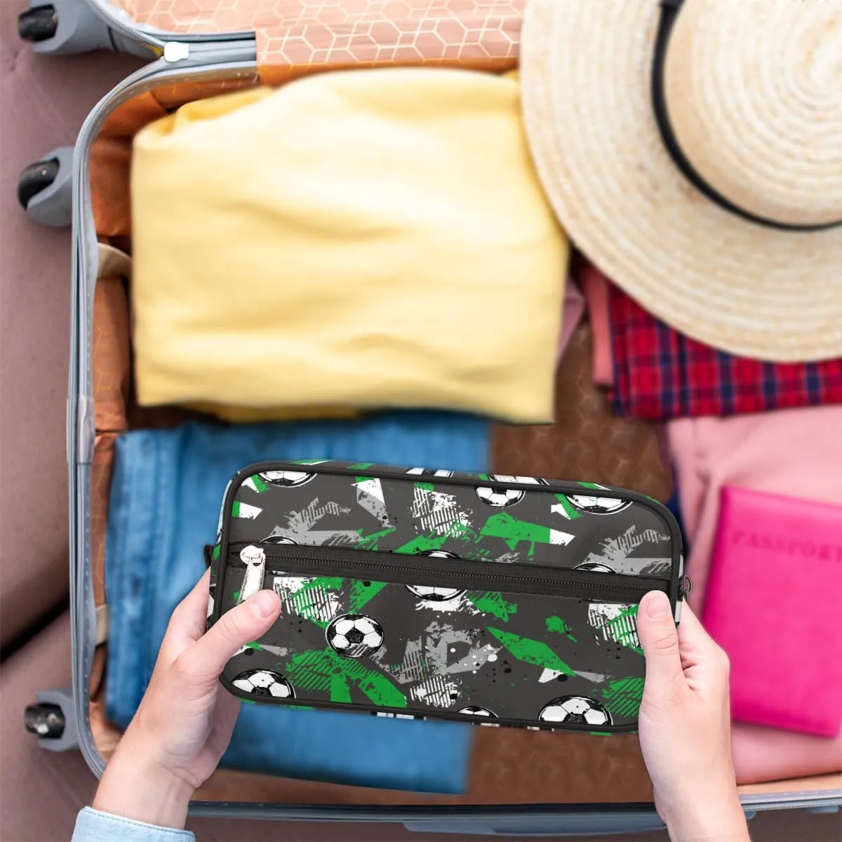 Travel Toiletry Bag for Boys Men, Soccer Green Waterproof Hanging Dopp Kit for Kids, Shaving Bag with Large Capacity for Travel,Sports Shower